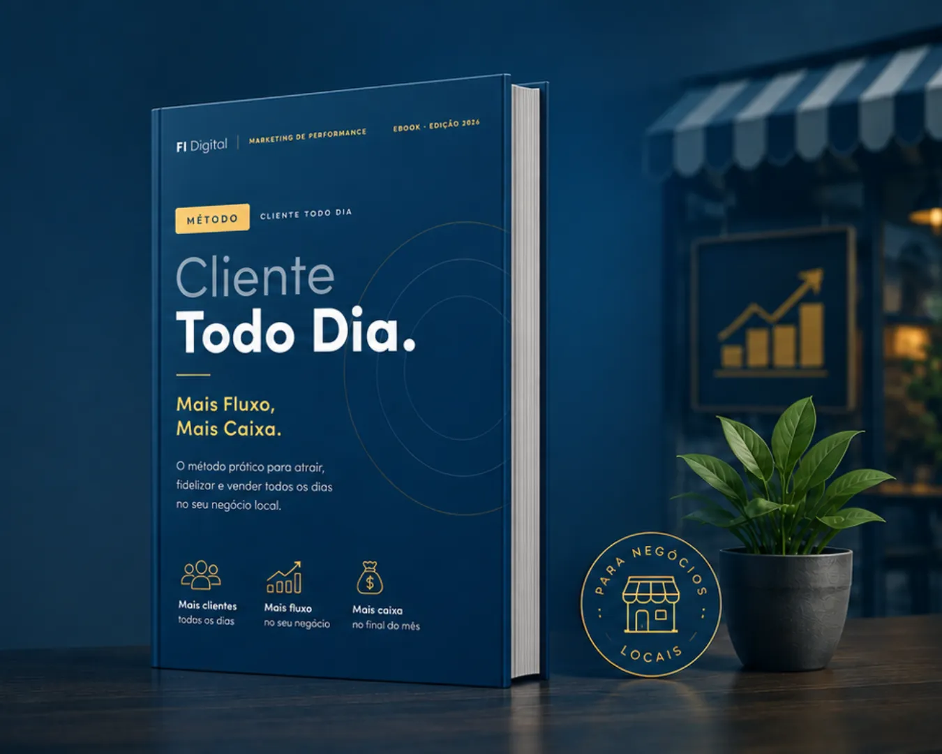 Livro Cliente Todo Dia — Mais Fluxo, Mais Caixa, ao lado de uma planta e de uma fachada comercial