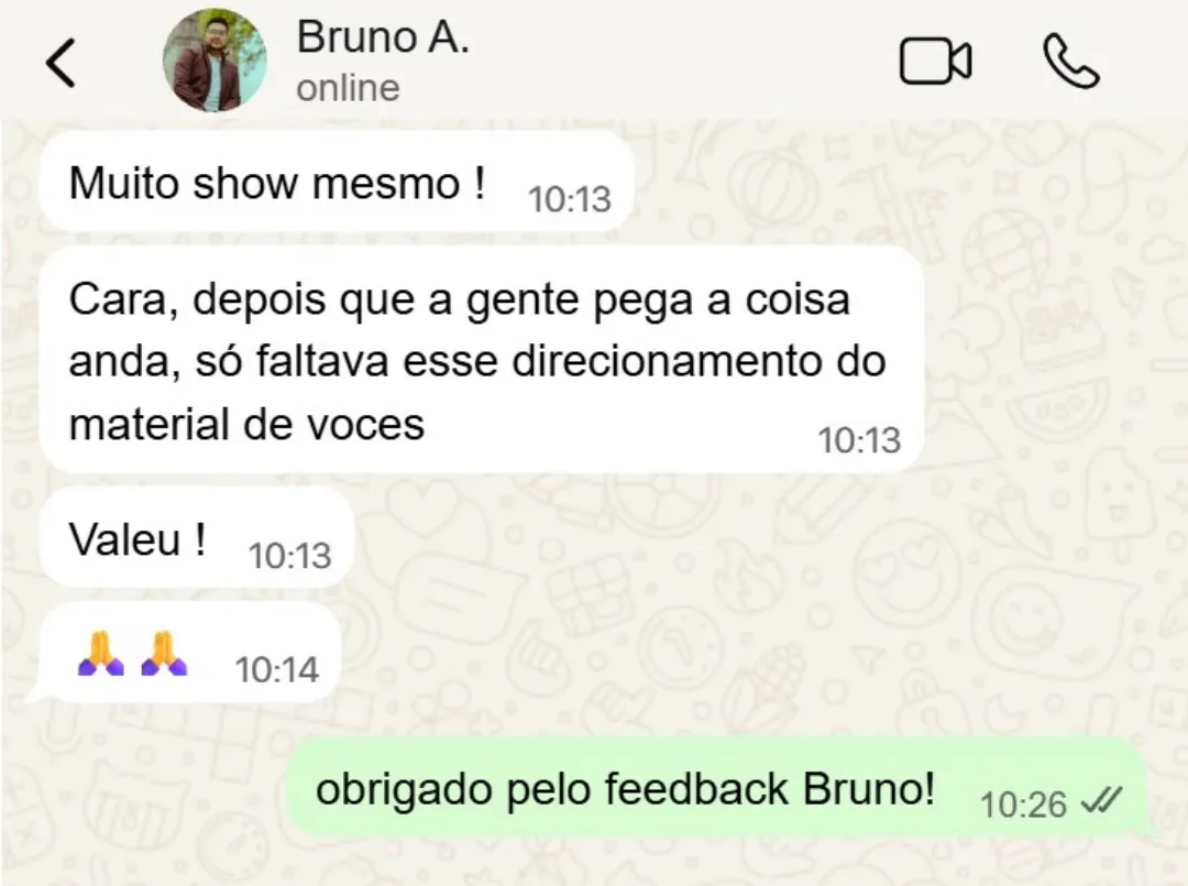 Print de conversa no WhatsApp com feedback sobre a aplicação do método — depoimento 2