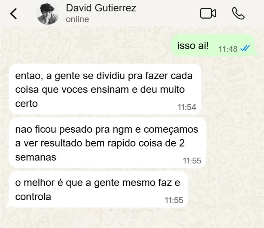 Print de conversa no WhatsApp com feedback sobre a aplicação do método — depoimento 3